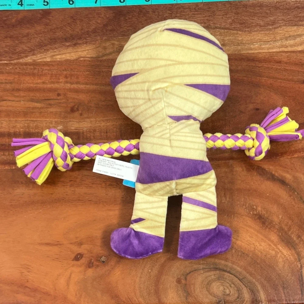 BarkBox Halloween Mummy Dog Toy Purple Yellow Braided Rope Crinkle Plush 216001